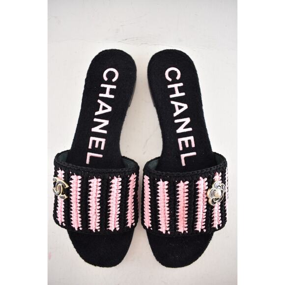 Chanel 24M Black Pink Crochet Stripe Camellia Flower Logo Mule Slide Sandal 39 - Picture 15 of 16